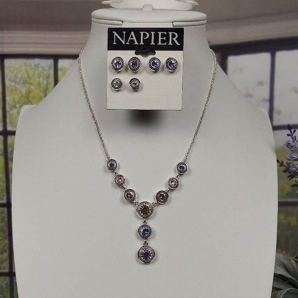 NEW NAPIER SILVER TONE MULTI-COLOR CRYSTAL Y DROP NECKLACE AND EARRING SET - Picture 9 of 9
